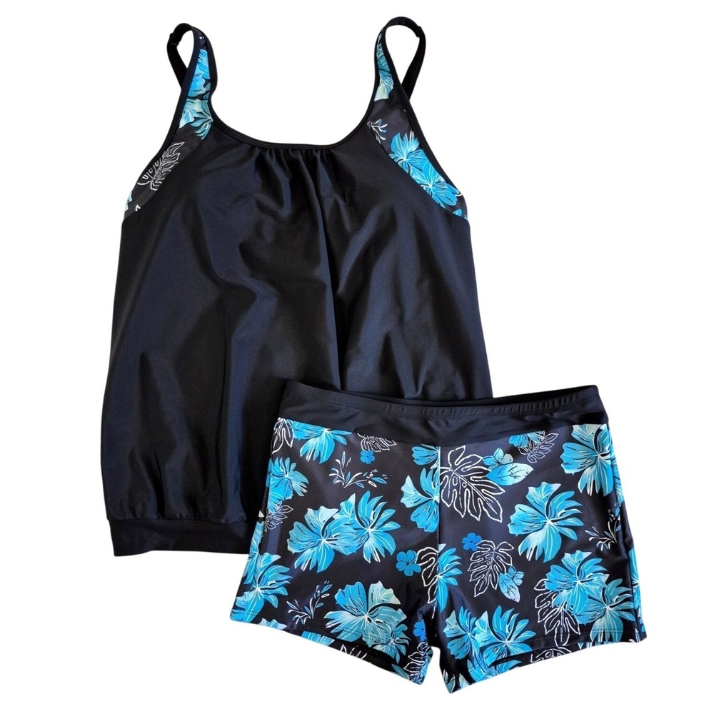 Daci Tankini Swimsuit Set Womens XL Black Blue Floral Blouson Top Boy Shorts NEW